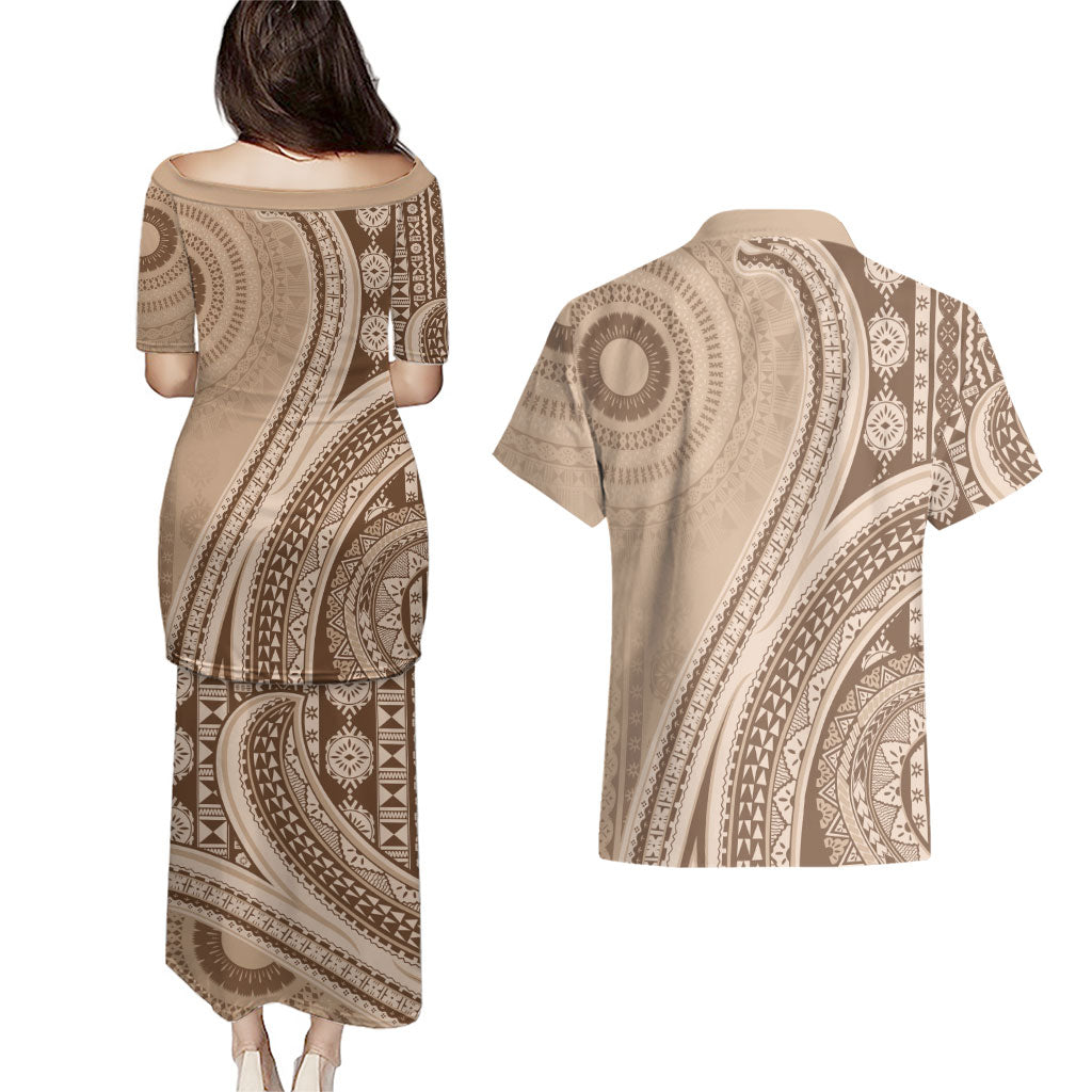 Bula Fiji Vintage Tapa Couples Matching Puletasi and Hawaiian Shirt Kaivity Masi Wave Motifs - Mocha LT7 - Polynesian Pride