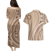 Bula Fiji Vintage Tapa Couples Matching Puletasi and Hawaiian Shirt Kaivity Masi Wave Motifs - Mocha LT7 - Polynesian Pride