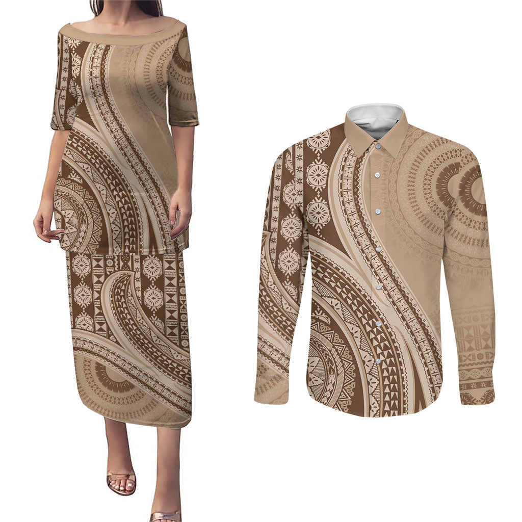 Bula Fiji Vintage Tapa Couples Matching Puletasi and Long Sleeve Button Shirt Kaivity Masi Wave Motifs - Mocha