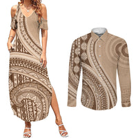 Bula Fiji Vintage Tapa Couples Matching Summer Maxi Dress and Long Sleeve Button Shirt Kaivity Masi Wave Motifs - Mocha LT7 Beige - Polynesian Pride