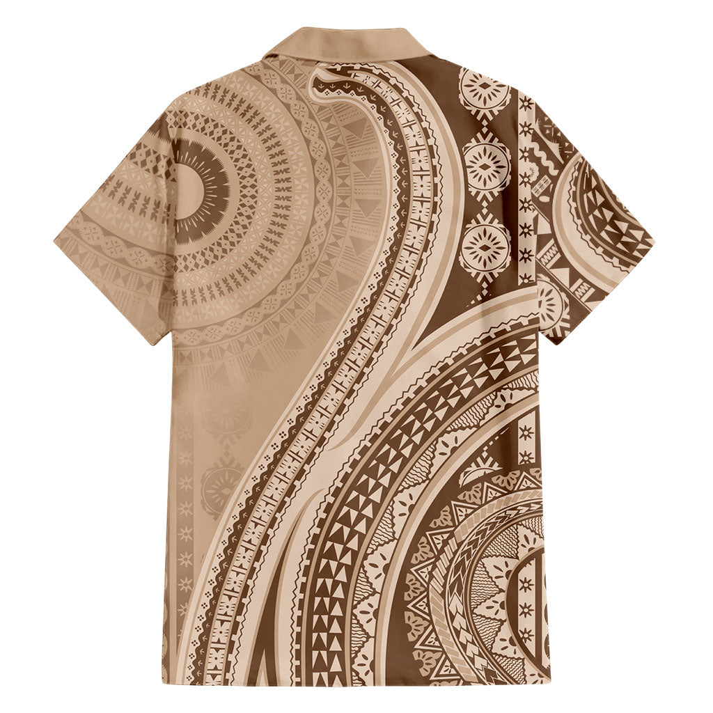 Bula Fiji Vintage Tapa Family Matching Long Sleeve Bodycon Dress and Hawaiian Shirt Kaivity Masi Wave Motifs - Mocha LT7 - Polynesian Pride