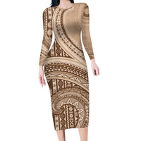 Bula Fiji Vintage Tapa Family Matching Long Sleeve Bodycon Dress and Hawaiian Shirt Kaivity Masi Wave Motifs - Mocha LT7 Mom's Dress Beige - Polynesian Pride