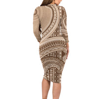 Bula Fiji Vintage Tapa Family Matching Long Sleeve Bodycon Dress and Hawaiian Shirt Kaivity Masi Wave Motifs - Mocha LT7 - Polynesian Pride