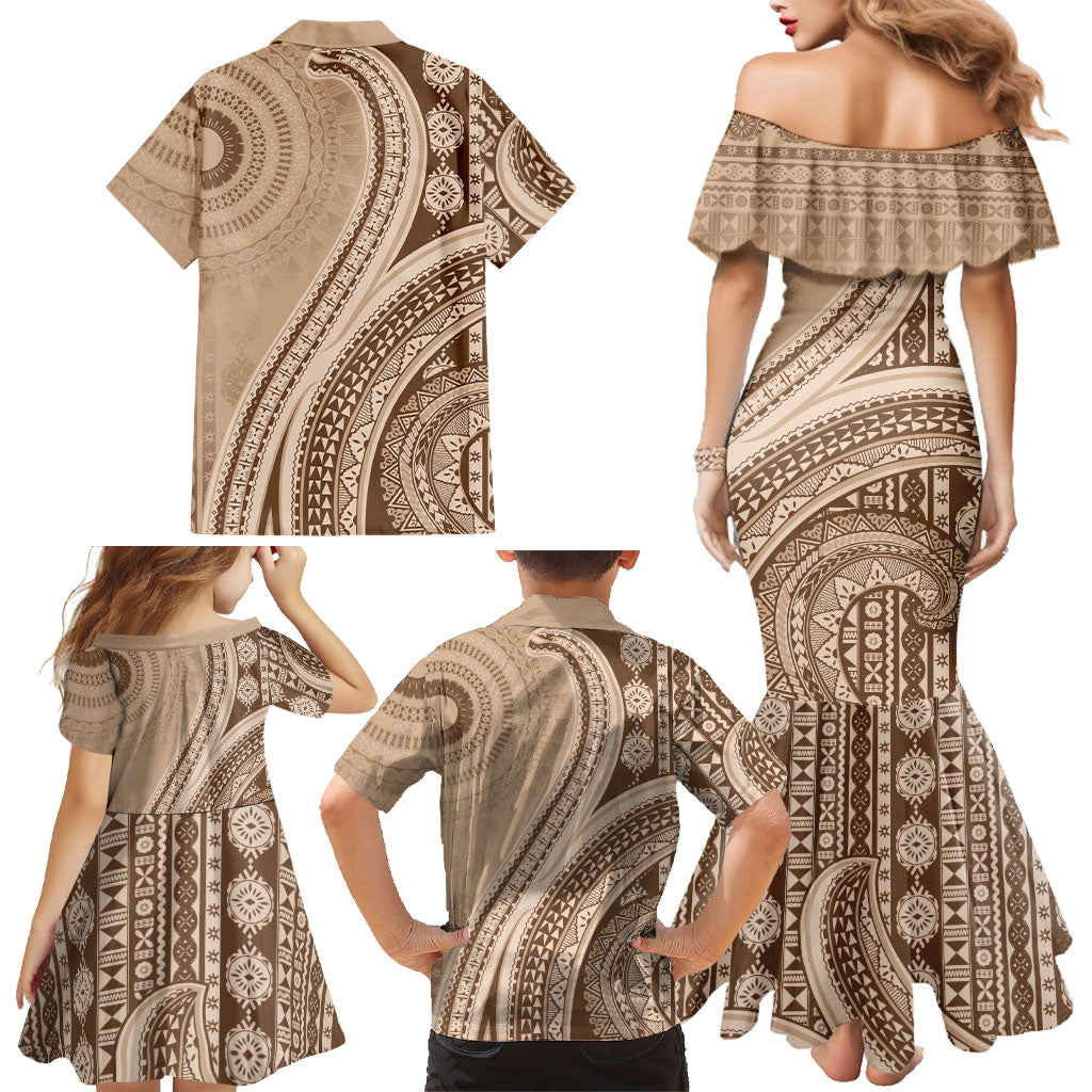 Bula Fiji Vintage Tapa Family Matching Mermaid Dress and Hawaiian Shirt Kaivity Masi Wave Motifs - Mocha LT7 - Polynesian Pride