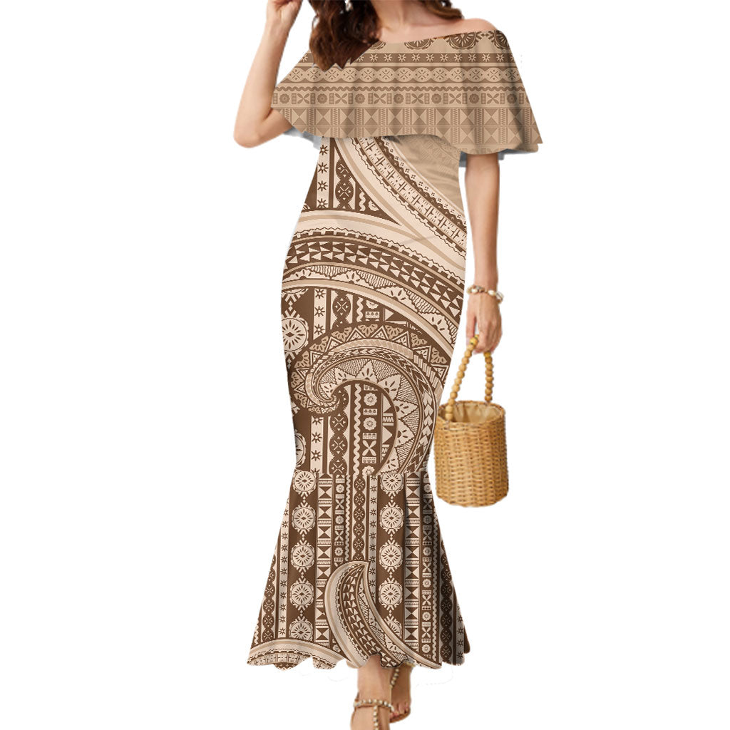 Bula Fiji Vintage Tapa Family Matching Mermaid Dress and Hawaiian Shirt Kaivity Masi Wave Motifs - Mocha LT7 Mom's Dress Beige - Polynesian Pride