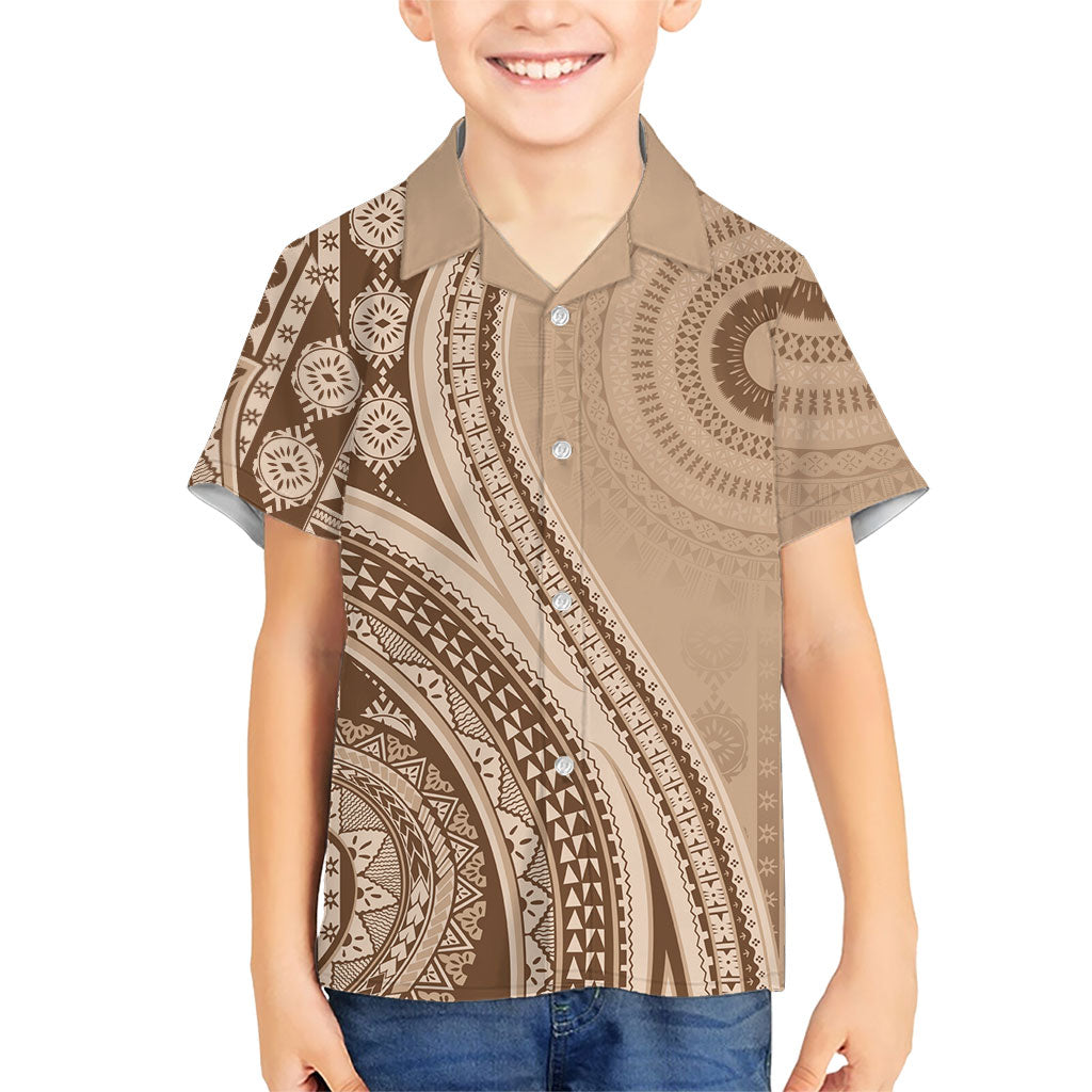 Bula Fiji Vintage Tapa Family Matching Mermaid Dress and Hawaiian Shirt Kaivity Masi Wave Motifs - Mocha LT7 Son's Shirt Beige - Polynesian Pride