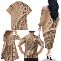Bula Fiji Vintage Tapa Family Matching Off The Shoulder Long Sleeve Dress and Hawaiian Shirt Kaivity Masi Wave Motifs - Mocha LT7 - Polynesian Pride