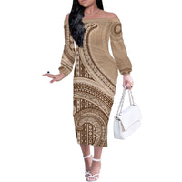 Bula Fiji Vintage Tapa Family Matching Off The Shoulder Long Sleeve Dress and Hawaiian Shirt Kaivity Masi Wave Motifs - Mocha LT7 Mom's Dress Beige - Polynesian Pride