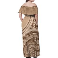 Bula Fiji Vintage Tapa Family Matching Off Shoulder Maxi Dress and Hawaiian Shirt Kaivity Masi Wave Motifs - Mocha LT7 - Polynesian Pride