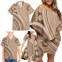 Bula Fiji Vintage Tapa Family Matching Off Shoulder Short Dress and Hawaiian Shirt Kaivity Masi Wave Motifs - Mocha LT7 - Polynesian Pride