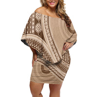 Bula Fiji Vintage Tapa Family Matching Off Shoulder Short Dress and Hawaiian Shirt Kaivity Masi Wave Motifs - Mocha LT7 Mom's Dress Beige - Polynesian Pride