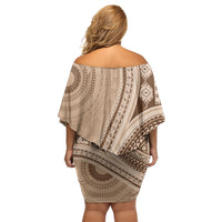 Bula Fiji Vintage Tapa Family Matching Off Shoulder Short Dress and Hawaiian Shirt Kaivity Masi Wave Motifs - Mocha LT7 - Polynesian Pride