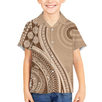 Bula Fiji Vintage Tapa Family Matching Off Shoulder Short Dress and Hawaiian Shirt Kaivity Masi Wave Motifs - Mocha LT7 Son's Shirt Beige - Polynesian Pride