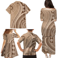 Bula Fiji Vintage Tapa Family Matching Puletasi and Hawaiian Shirt Kaivity Masi Wave Motifs - Mocha LT7 - Polynesian Pride