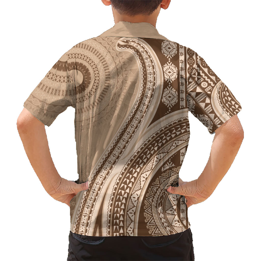 Bula Fiji Vintage Tapa Family Matching Short Sleeve Bodycon Dress and Hawaiian Shirt Kaivity Masi Wave Motifs - Mocha LT7 - Polynesian Pride