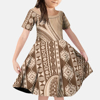 Bula Fiji Vintage Tapa Family Matching Short Sleeve Bodycon Dress and Hawaiian Shirt Kaivity Masi Wave Motifs - Mocha LT7 Daughter's Dress Beige - Polynesian Pride