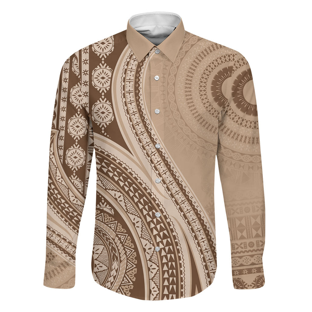 Bula Fiji Vintage Tapa Family Matching Summer Maxi Dress and Hawaiian Shirt Kaivity Masi Wave Motifs - Mocha LT7 Dad's Shirt - Long Sleeve Beige - Polynesian Pride