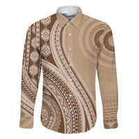 Bula Fiji Vintage Tapa Family Matching Summer Maxi Dress and Hawaiian Shirt Kaivity Masi Wave Motifs - Mocha LT7 Dad's Shirt - Long Sleeve Beige - Polynesian Pride