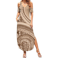 Bula Fiji Vintage Tapa Family Matching Summer Maxi Dress and Hawaiian Shirt Kaivity Masi Wave Motifs - Mocha LT7 Mom's Dress Beige - Polynesian Pride