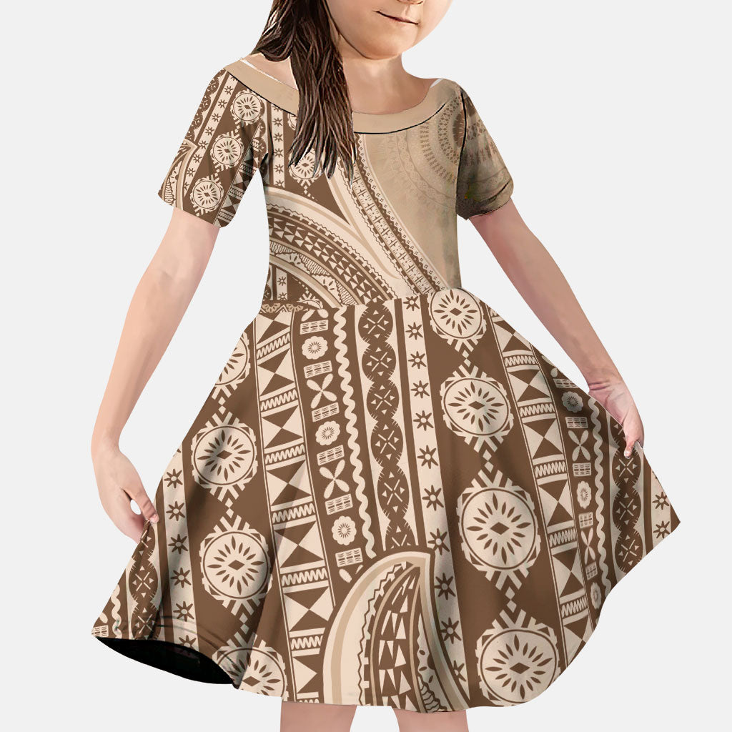 Bula Fiji Vintage Tapa Family Matching Tank Maxi Dress and Hawaiian Shirt Kaivity Masi Wave Motifs - Mocha LT7 Daughter's Dress Beige - Polynesian Pride