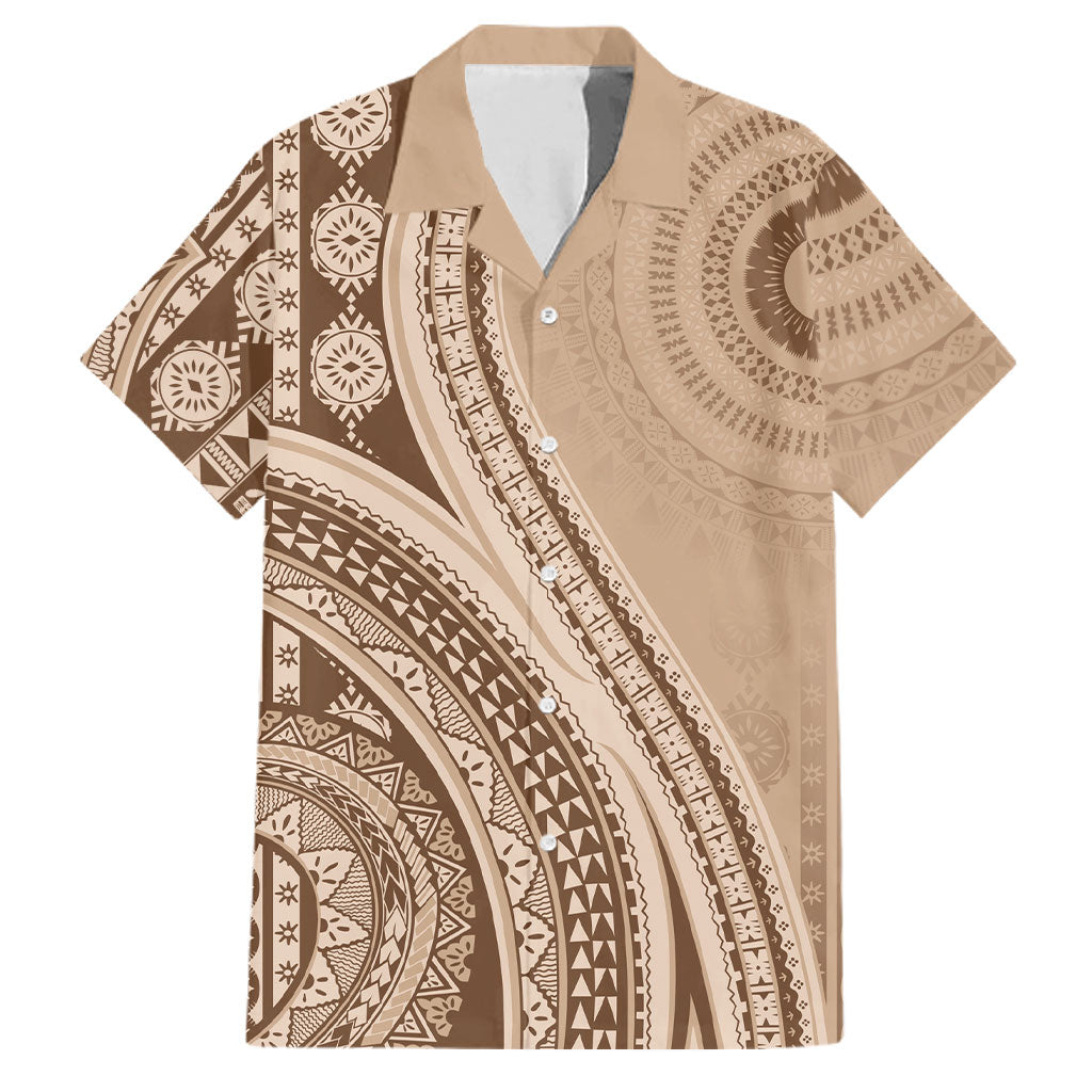 Bula Fiji Vintage Tapa Family Matching Tank Maxi Dress and Hawaiian Shirt Kaivity Masi Wave Motifs - Mocha LT7 Dad's Shirt - Short Sleeve Beige - Polynesian Pride