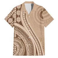 Bula Fiji Vintage Tapa Family Matching Tank Maxi Dress and Hawaiian Shirt Kaivity Masi Wave Motifs - Mocha LT7 Dad's Shirt - Short Sleeve Beige - Polynesian Pride
