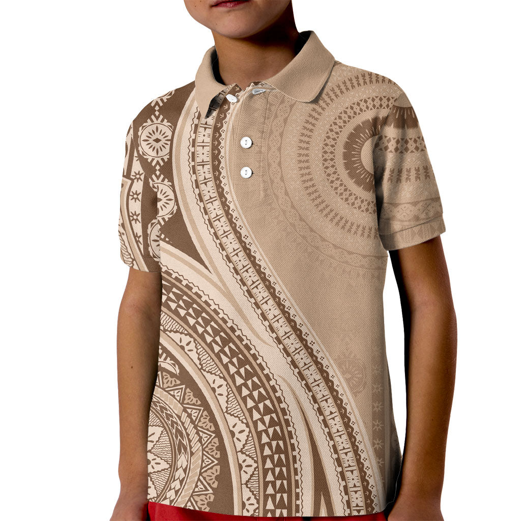 Bula Fiji Vintage Tapa Kid Polo Shirt Kaivity Masi Wave Motifs - Mocha LT7 Kid Beige - Polynesian Pride