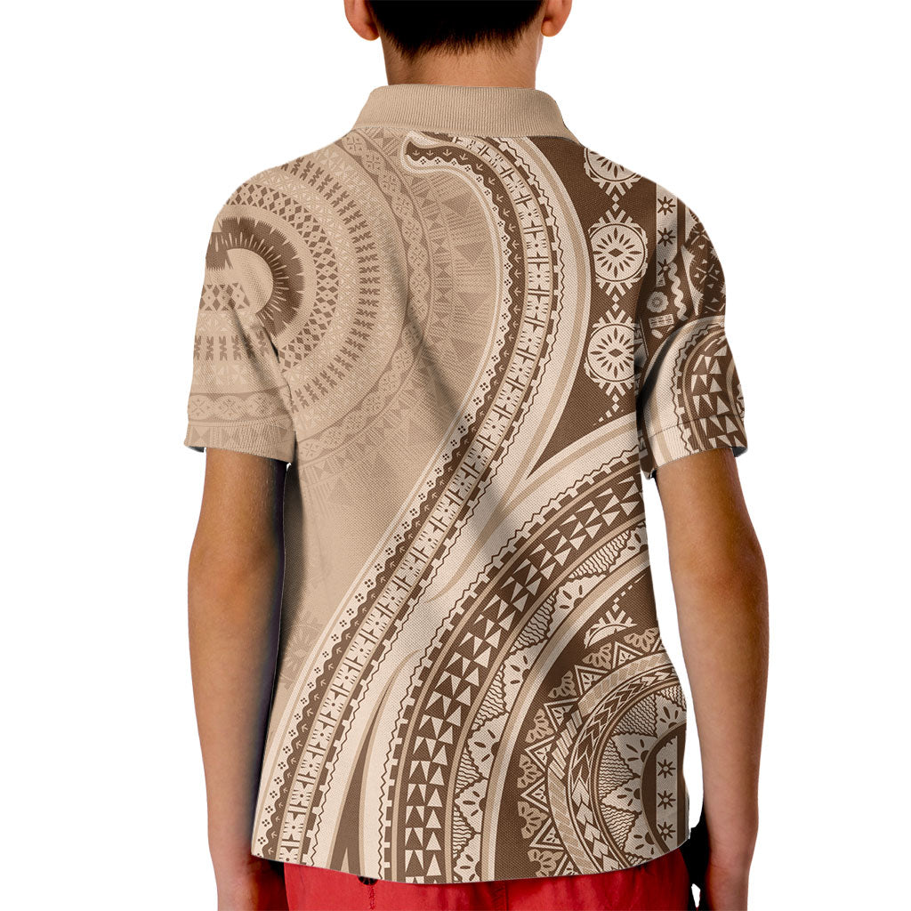Bula Fiji Vintage Tapa Kid Polo Shirt Kaivity Masi Wave Motifs - Mocha LT7 - Polynesian Pride