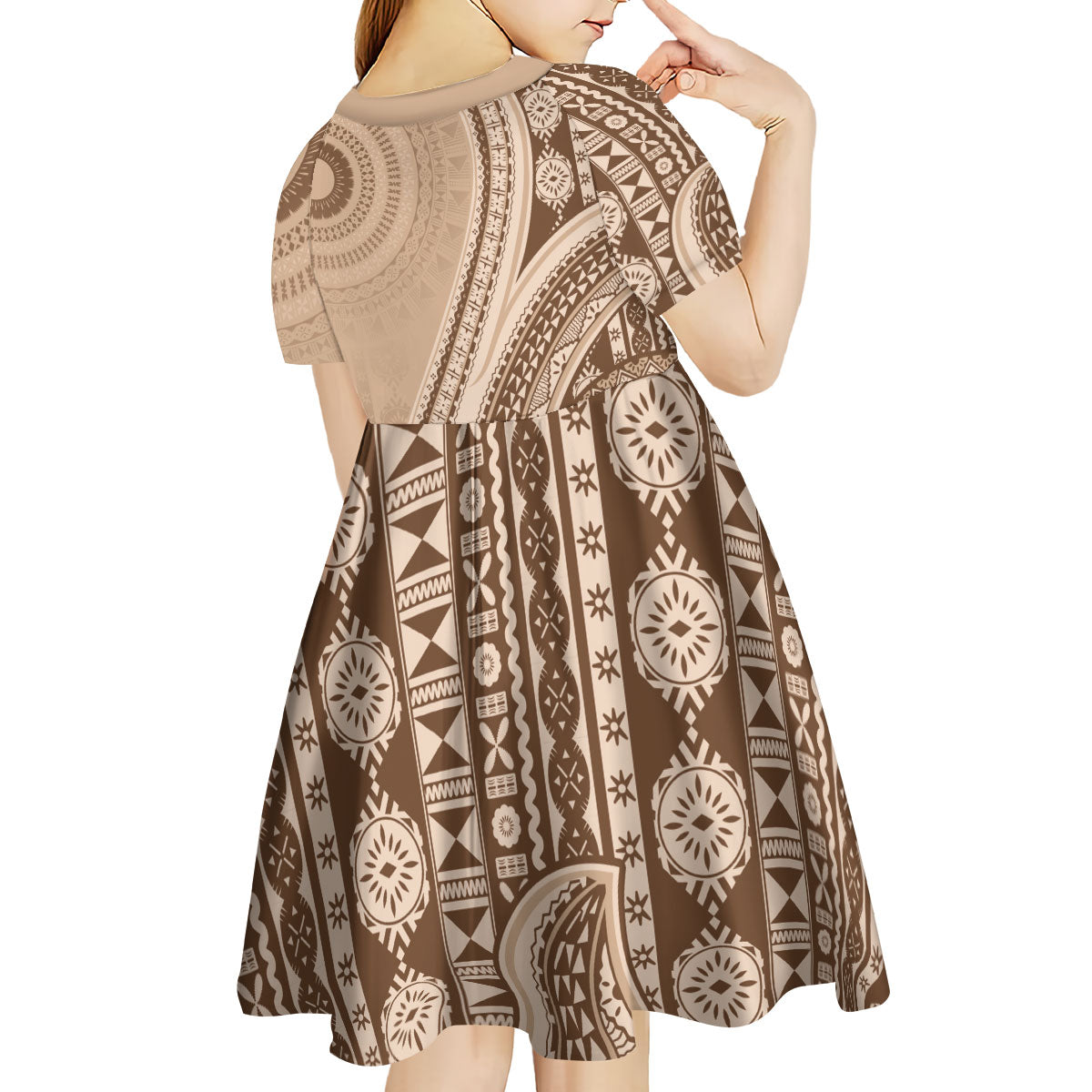 Bula Fiji Vintage Tapa Kid Short Sleeve Dress Kaivity Masi Wave Motifs - Mocha LT7 - Polynesian Pride