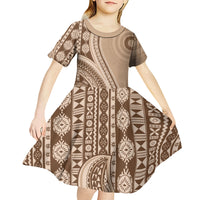 Bula Fiji Vintage Tapa Kid Short Sleeve Dress Kaivity Masi Wave Motifs - Mocha LT7 - Polynesian Pride