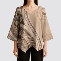 Bula Fiji Vintage Tapa Kimono Sleeve Blouse Kaivity Masi Wave Motifs - Mocha