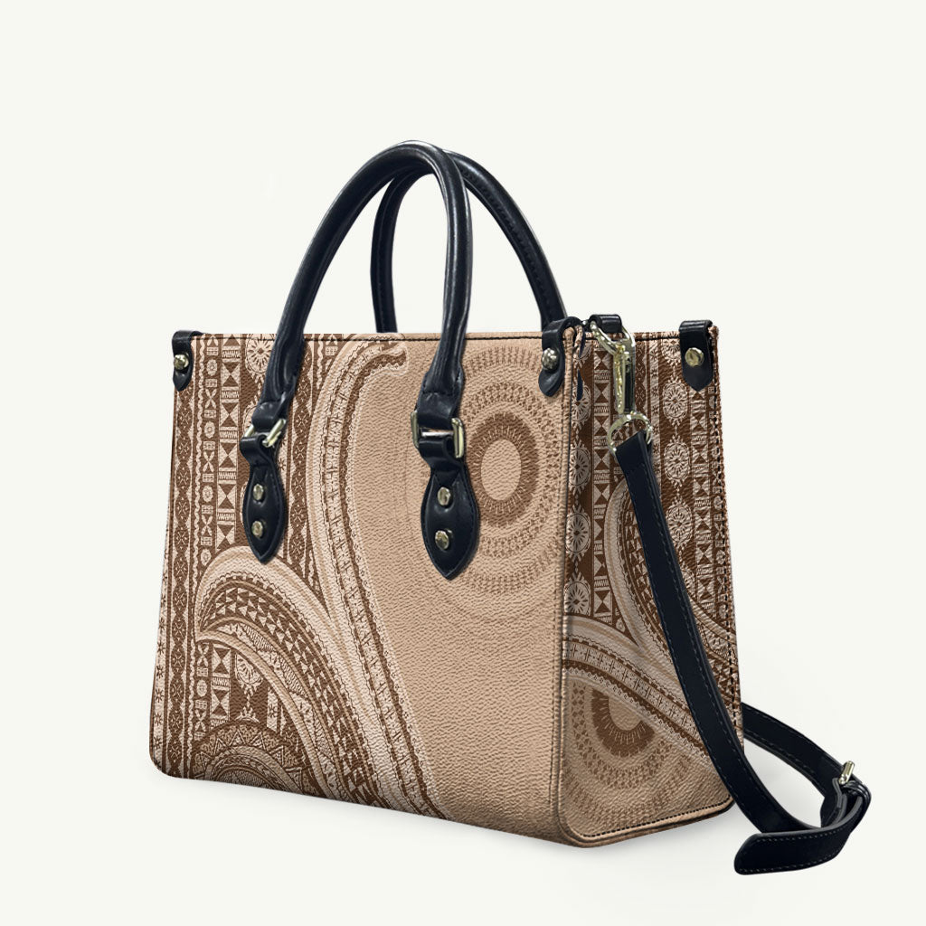 Bula Fiji Vintage Tapa Leather Bag Kaivity Masi Wave Motifs - Mocha