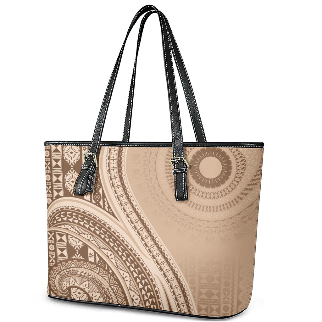 Bula Fiji Vintage Tapa Leather Tote Bag Kaivity Masi Wave Motifs - Mocha