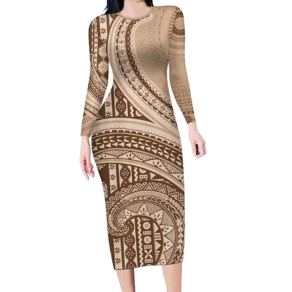 Bula Fiji Vintage Tapa Long Sleeve Bodycon Dress Kaivity Masi Wave Motifs - Mocha LT7 Long Dress Beige - Polynesian Pride