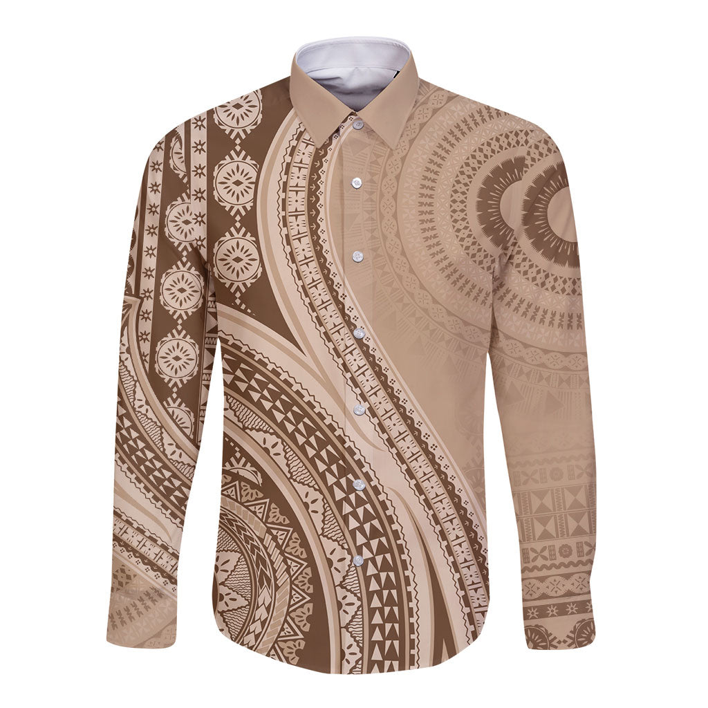 Bula Fiji Vintage Tapa Long Sleeve Button Shirt Kaivity Masi Wave Motifs - Mocha