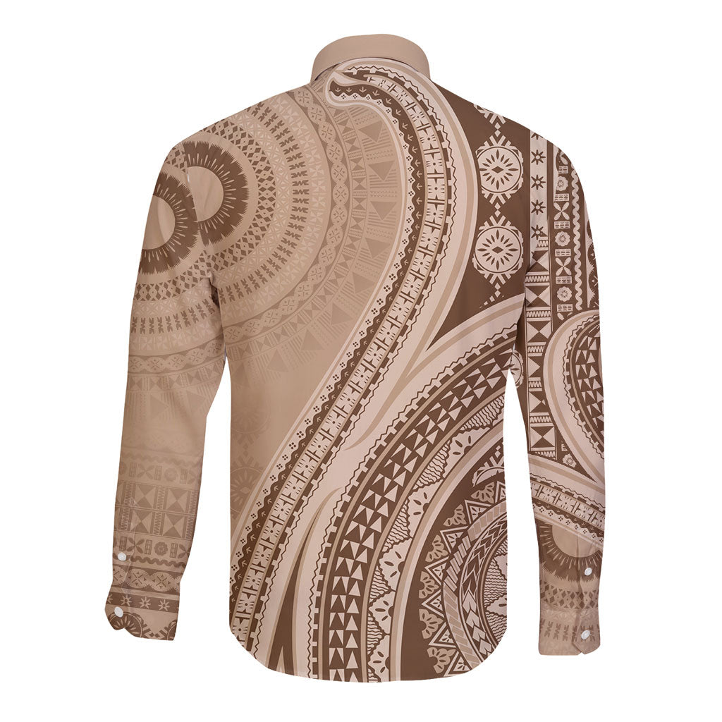 Bula Fiji Vintage Tapa Long Sleeve Button Shirt Kaivity Masi Wave Motifs - Mocha