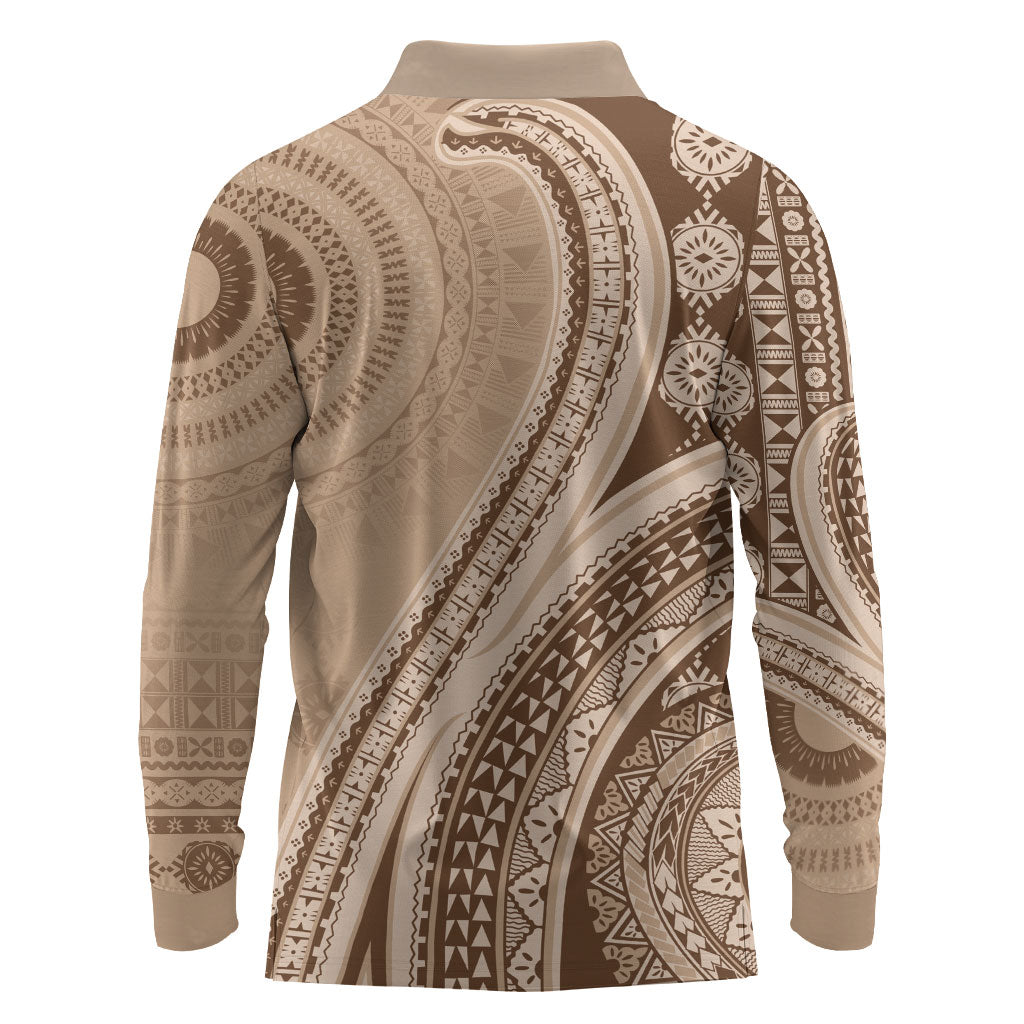 Bula Fiji Vintage Tapa Long Sleeve Polo Shirt Kaivity Masi Wave Motifs - Mocha LT7 - Polynesian Pride