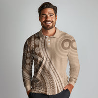 Bula Fiji Vintage Tapa Long Sleeve Polo Shirt Kaivity Masi Wave Motifs - Mocha LT7 - Polynesian Pride