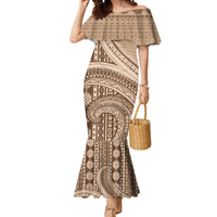 Bula Fiji Vintage Tapa Mermaid Dress Kaivity Masi Wave Motifs - Mocha LT7 Women Beige - Polynesian Pride