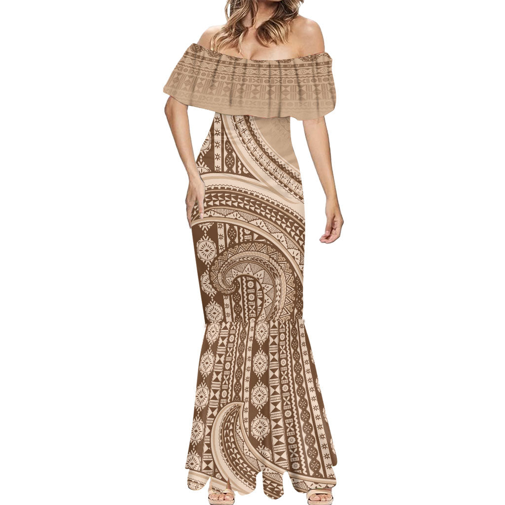 Bula Fiji Vintage Tapa Mermaid Dress Kaivity Masi Wave Motifs - Mocha LT7 - Polynesian Pride