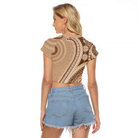 Bula Fiji Vintage Tapa Raglan Cropped T Shirt Kaivity Masi Wave Motifs - Mocha LT7 - Polynesian Pride