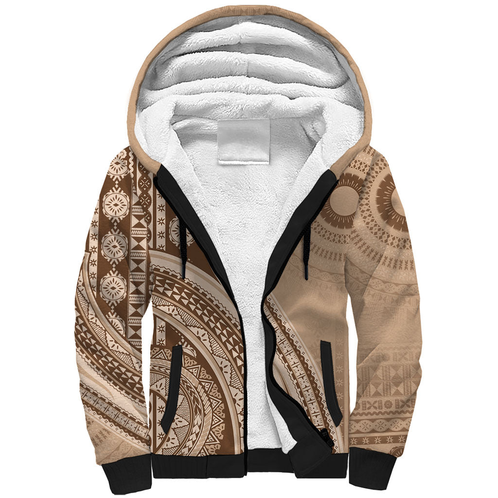 Bula Fiji Vintage Tapa Sherpa Hoodie Kaivity Masi Wave Motifs - Mocha