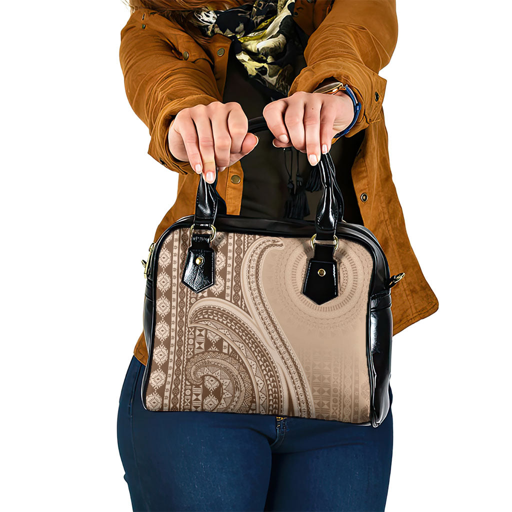 Bula Fiji Vintage Tapa Shoulder Handbag Kaivity Masi Wave Motifs - Mocha