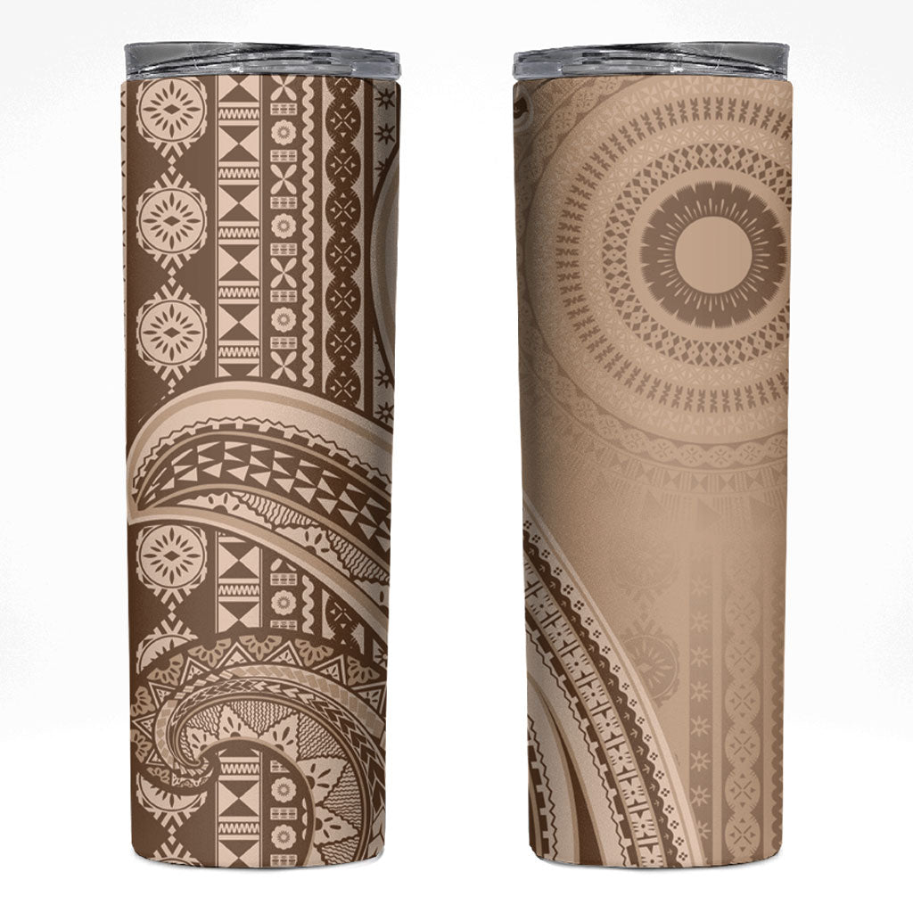 Bula Fiji Vintage Tapa Skinny Tumbler Kaivity Masi Wave Motifs - Mocha LT7 Beige - Polynesian Pride