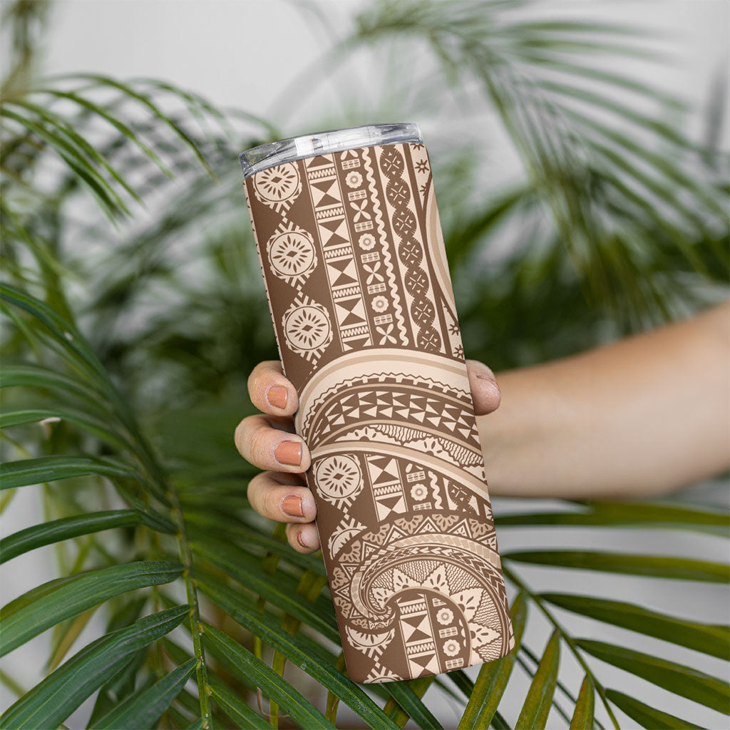 Bula Fiji Vintage Tapa Skinny Tumbler Kaivity Masi Wave Motifs - Mocha LT7 - Polynesian Pride