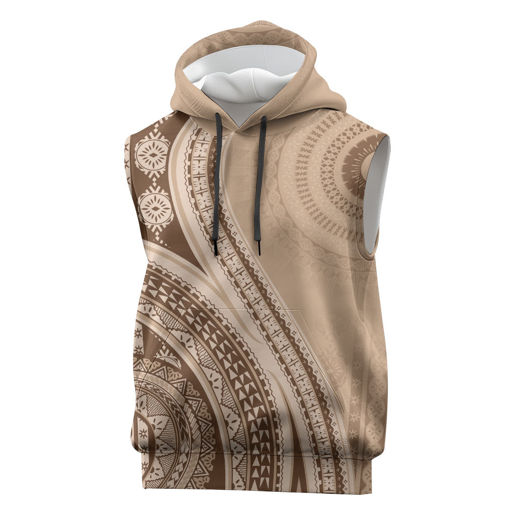 Bula Fiji Vintage Tapa Sleeveless Hoodie Kaivity Masi Wave Motifs - Mocha
