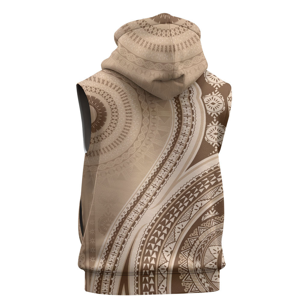 Bula Fiji Vintage Tapa Sleeveless Hoodie Kaivity Masi Wave Motifs - Mocha LT7 - Polynesian Pride