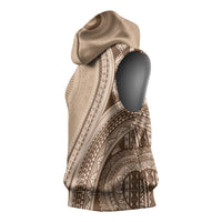 Bula Fiji Vintage Tapa Sleeveless Hoodie Kaivity Masi Wave Motifs - Mocha LT7 - Polynesian Pride
