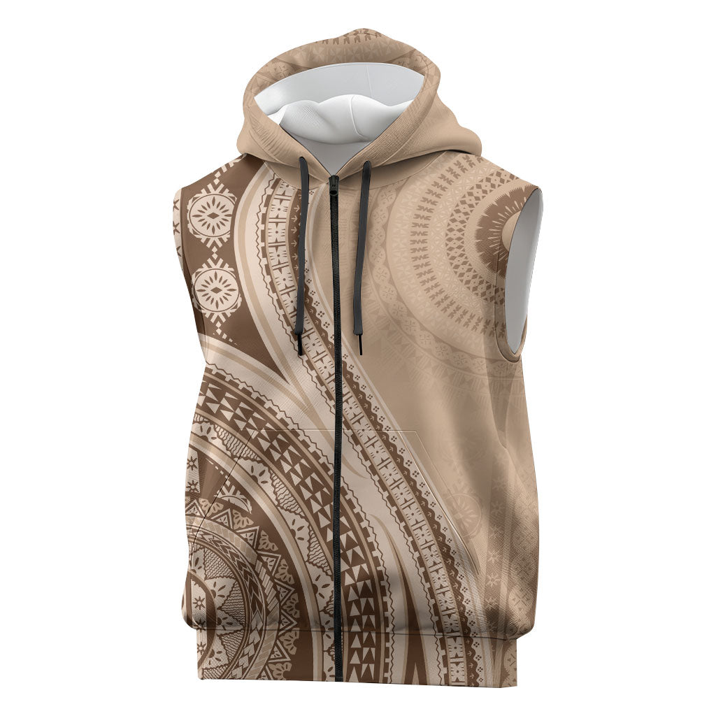 Bula Fiji Vintage Tapa Sleeveless Zip Hoodie Kaivity Masi Wave Motifs - Mocha