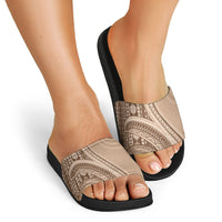 Bula Fiji Vintage Tapa Slide Sandals Kaivity Masi Wave Motifs - Mocha
